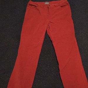 Castaway orange corduroy five-pocket pants.